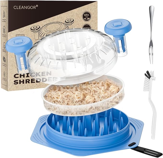 CLEANGOR Chicken Shredder Tool Twist Large, BPA Free Meat Shredder | with Ergonomic Handle, Non-Slip Food Shredder Tool for Pork, Beef, Set of Chicken Breast Shredder with Brush & Fork