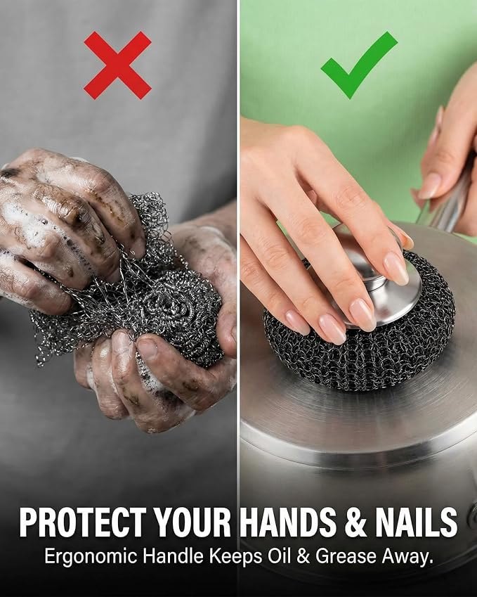 6 Pack Stainless Steel Wool Scrubber Set- Heavy Duty Metal Sponge Scouring Pad for Cast Iron Skillet, Grill & Pots -Include Short & Long Handle & Brush & 3 Pads,Kitchen Dish Scrubber
