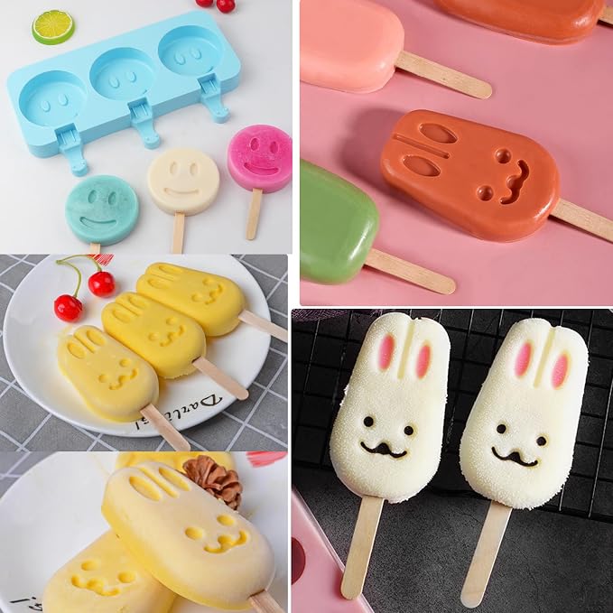 Popsicle Silicone Molds, Homemade Ice Cream 7-Cavity Cartoon Bunny Cake Decorating Fondant Molds 2Pcs, BPA Free and Reusable Cute Bunny Popsicle Molds with 50 Wooden Sticks
