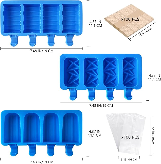 3 Set Popsicle Molds,Cakesicles Silicone Mould,12 Cavities Silicone Ice Cream Molds with Lids and 100 Pieces Wooden Popsicles Sticks and 100 Bags for Making Cakesicles,Cake Pops,Ice Cream(Dlue)
