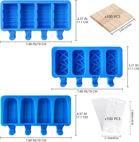 3 Set Popsicle Molds,Cakesicles Silicone Mould,12 Cavities Silicone Ice Cream Molds with Lids and 100 Pieces Wooden Popsicles Sticks and 100 Bags for Making Cakesicles,Cake Pops,Ice Cream(Dlue)
