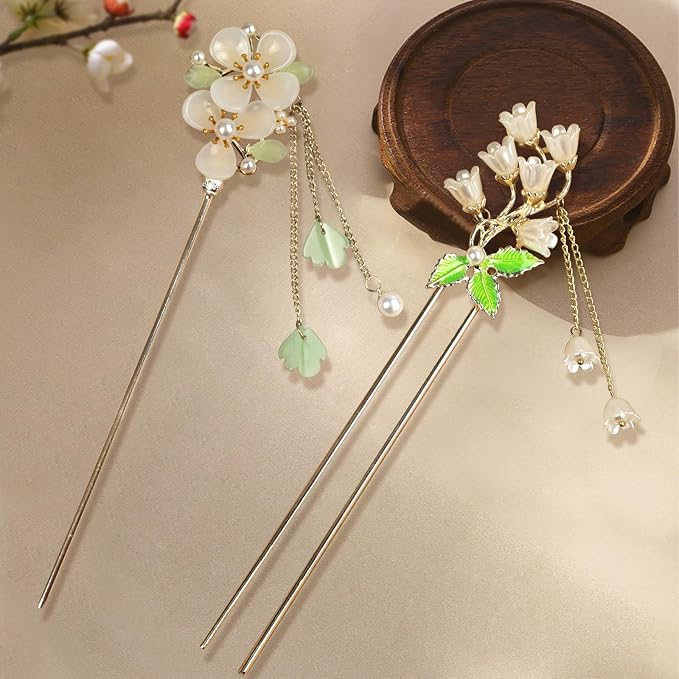 2Packs Lily of the Valley Chinese Hair Sticks for Buns, Pearl Flower Vintage Metal Hair Chopsticks for Women and Girls Dangle Tassel Pendant Accessories Hanfu Handmade Decor Hairpin (green)