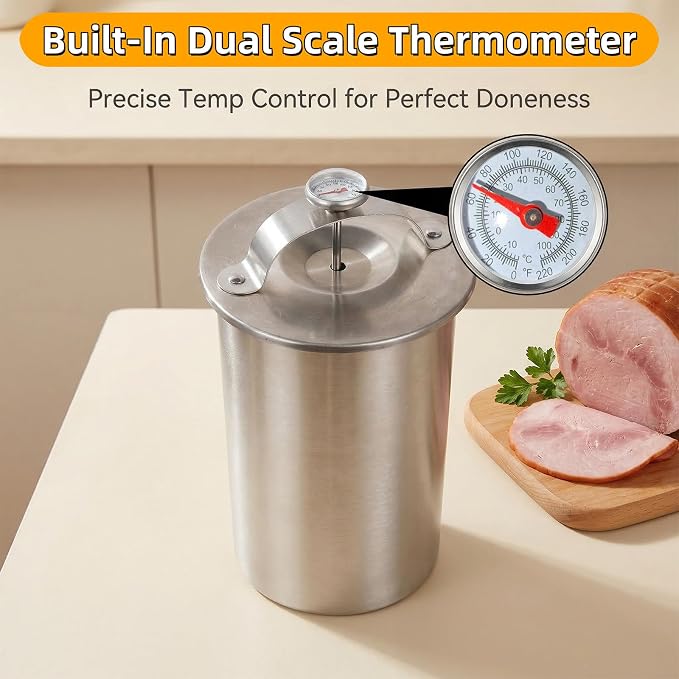 Deli Meat Press Stainless Steel with Thermometer, Lunch Meat Press Mold, Ham Maker Meat Press Tool, with 20 Cooking Bags + 2 anti-scalding clips, for Making Sandwich (Deli Meat Press Set)