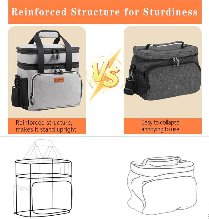 Expandable Lunch Box Cooler Bag - Insulated Soft Lunch Bag for Men Women - Large Lunchbox for Adults Work Camping Outdoor Travel Grey 16L
