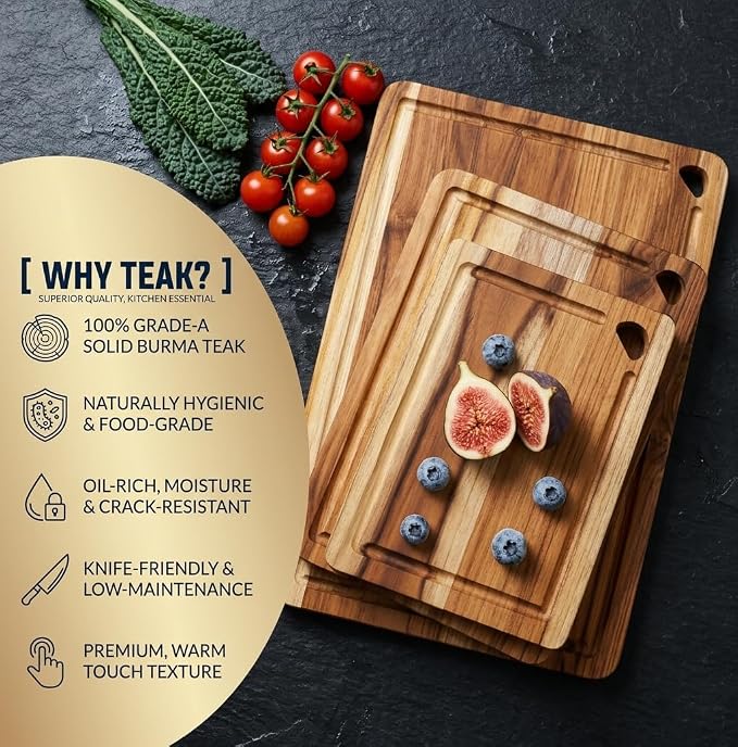 Extra Large Teak Wood Cutting Board for Kitchen, Knife-Friendly Chopping Boards with Juice Grooves & Storage Stand, Heavy Duty Wooden Boards for Meat, Fruit & Cheese, Ideal Housewarming Gift