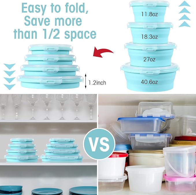 Yaomiao 16 Pack Collapsible Food Storage Containers with Lid Air Vent Foldable 8 Rectangle Storage Bowl and 8 Round Silicone Food Bow for Lunch Camping Rv Accessories Microwave Freezer(Blue)