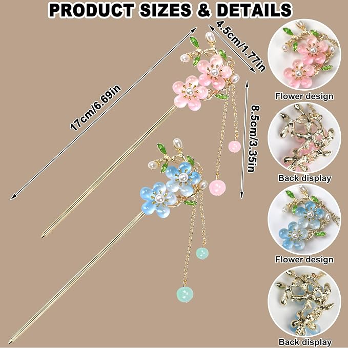 2Packs Lily of the Valley Chinese Hair Sticks for Buns, Pearl Flower Vintage Metal Hair Chopsticks for Women and Girls Dangle Tassel Pendant Accessories Hanfu Handmade Decor Hairpin (blue)