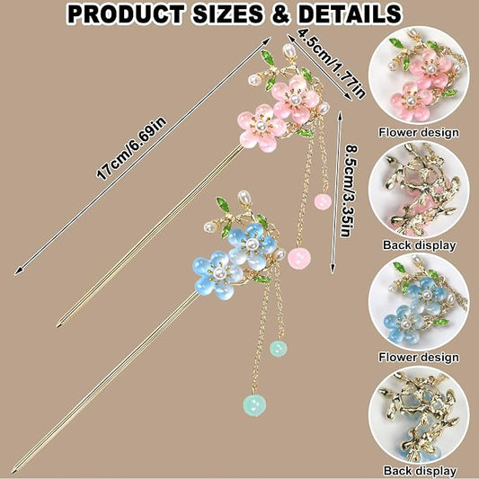 2Packs Lily of the Valley Chinese Hair Sticks for Buns, Pearl Flower Vintage Metal Hair Chopsticks for Women and Girls Dangle Tassel Pendant Accessories Hanfu Handmade Decor Hairpin (blue)