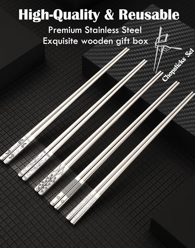 Metal Chopsticks,SUS304 Stainless Steel,5 Pairs Gift set,Mixed Pattern | Reusable, Dishwasher Safe,Non-Slip Grip,Good for Beginners,Come in a Gift Box,SUS304 Resistant to Rust,Square,Silver,9.25''