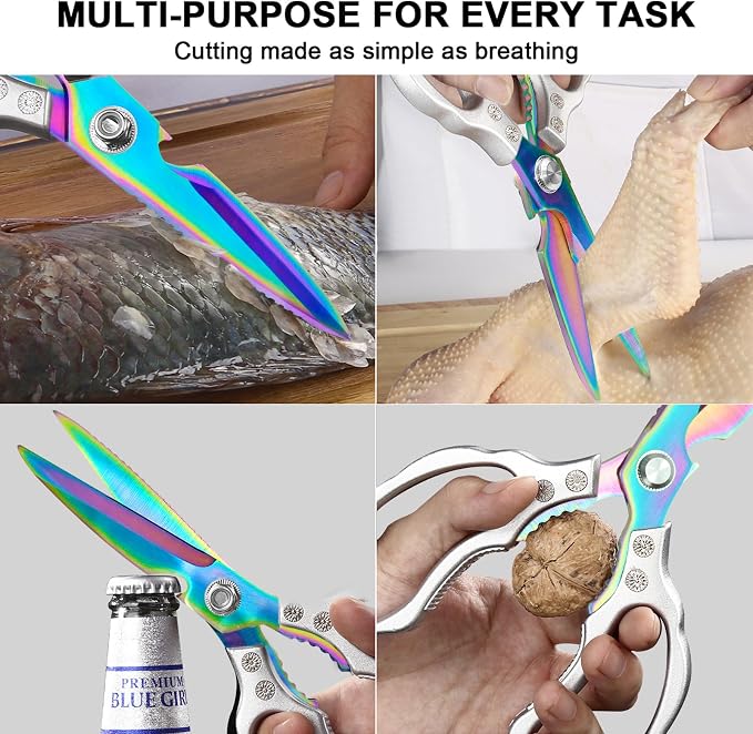 CGBE Kitchen Scissors, Multi-Purpose Kitchen Shears, Heavy Duty Dishwasher Safe Food Scissors for Chicken, Poultry, Fish, Meat & Herbs with Non-Slip Grips - Sliver Colorful