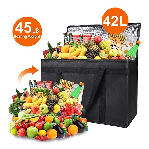 Bodaon 1-Pack Insulated Food Delivery Bag, XX-Large Reusable Grocery Shopping Bag, Frozen Food Cold, Cooler Bags with Zippered Top, Black | Reusable Shopping, Frozen Food Cold, Cooler Bags for Picnic, Commercial Catering Pizza Carrier, Thermal Hot, Col...