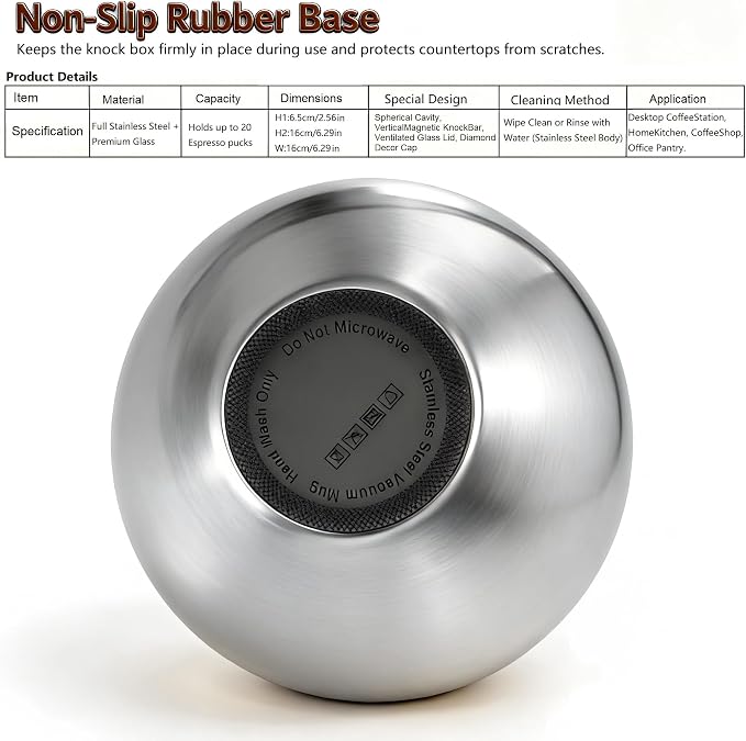 Espresso Knock Box with Glass Lid, Magnetic Knock Bar, Shock-Absorbing Base – Holds 20 Pucks (Silver) | Large Capacity, Coffee Knock Box, Stainless Steel Coffee Grounds Container