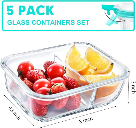 VERONES 5 Pack Glass Meal Prep Containers 2 Compartment Set, 36OZ Airtight Glass Lunch Containers, Glass Food Storage Containers with Lids, for Microwave, Oven, Freezer & Dishwasher Friendly,Green
