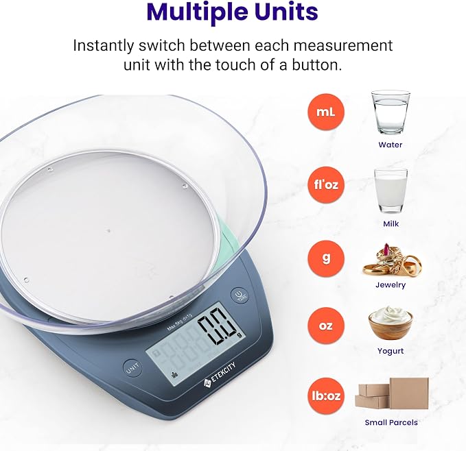 Etekcity 0.1g Food Scale, Bowl, Digital Grams and Ounces for Weight Loss, Dieting, Baking, Cooking, and Meal Prep, 11lb/5kg, Stainless Steel Prussian Blue | 11lb/5kg capacity with tare, removable bowl, ideal for baking, meal prep and portion control, S...