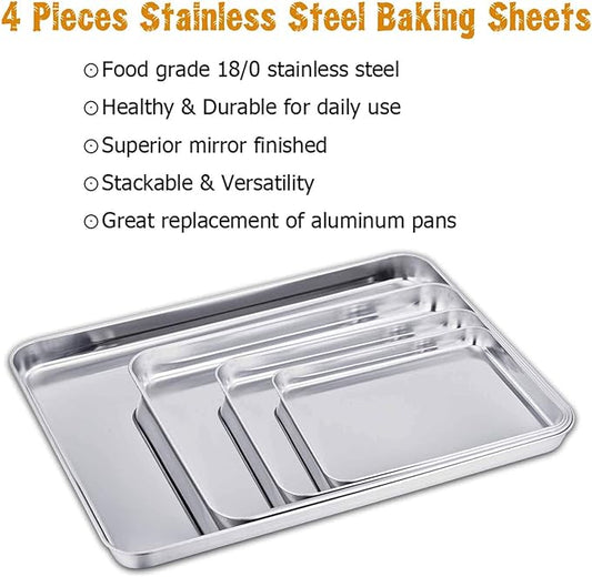 TeamFar Baking Sheet Set of 4, Stainless Steel Baking Pan Tray Cookie Sheet, Non Toxic & Healthy, Rust Free & Easy Clean - Dishwasher Safe