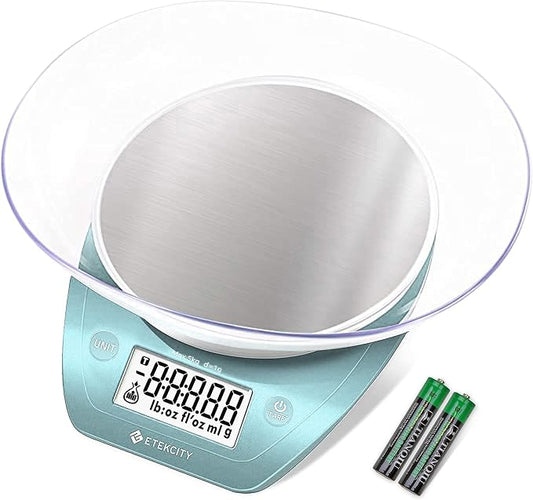 Etekcity Food Kitchen Scale with Bowl, 0.1g, Grams and Ounces | 11lb/5kg capacity with tare, removable bowl, ideal for baking, meal prep and portion control, Stainless Steel, Bright Blue
