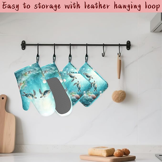 Sea Turtles Oven Mitts and Pot Holders (4PCS),Jellyfish Coral Heat Resistant Non-Slip Silicone Kitchen Gloves for Cooking, Baking, BBQ Waterproof Kitchen Accessories