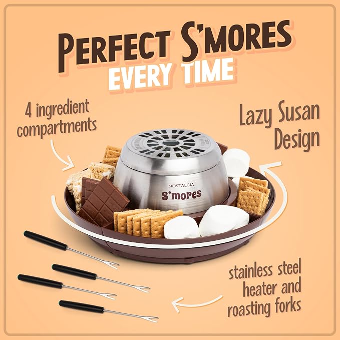 Nostalgia Tabletop Indoor Electric S'mores Maker - Smores Kit With Marshmallow Roasting Sticks and 4 Tray Lazy Susan for Graham Crackers, Chocolate, and Marshmallows - Movie Night Supplies - Brown