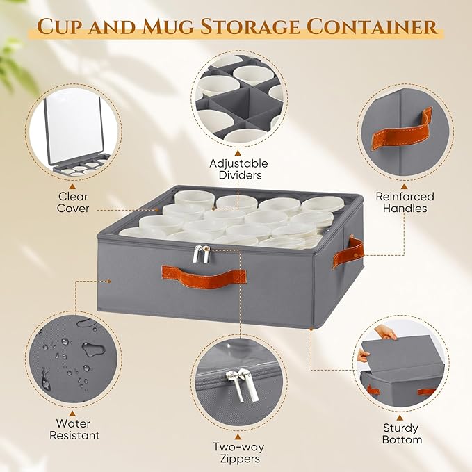 Foyego Cup and Mug Storage Box, Grey | 16 Adjustable Dividers, Hard Shell, with Transparent Lid, 3 Handles, Zippers, Stackable Storage Organizers for Packing&Moving