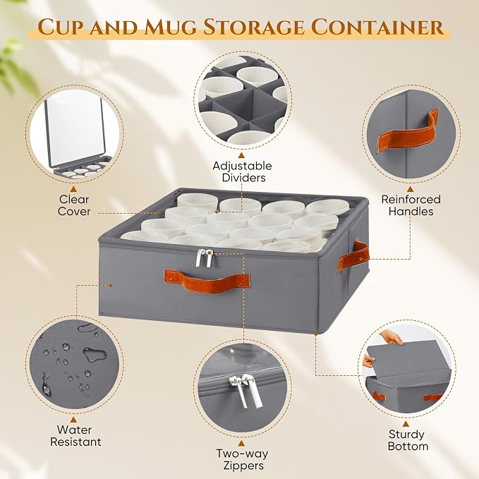 Foyego Cup and Mug Storage Box, Grey, 2 Pack | 32 Adjustable Dividers, Hard Shell, with Transparent Lid, 3 Handles, Zippers, Stackable Storage Organizers for Packing&Moving