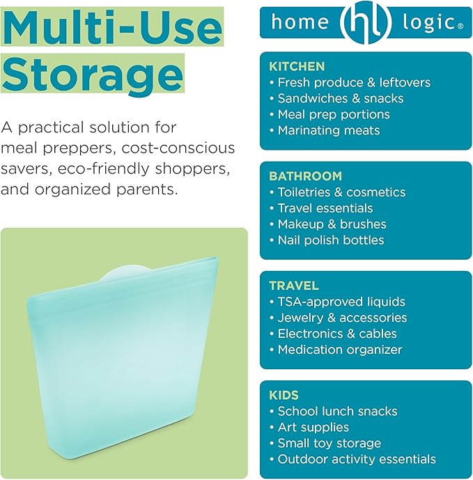Home Logic Reusable Sandwich Bags - Set of 6 Pool Blue Silicone Freezer Bags, Airtight Leak Resistant Reusable Zip Bags for Kitchen Home Food Prep, Microwave & Sous Vide Safe