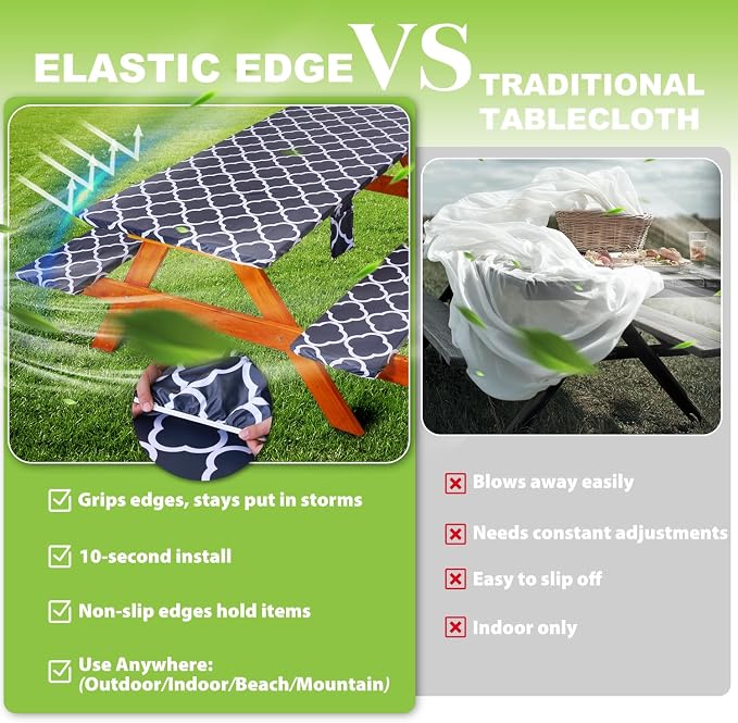 Fitted Picnic Table Cover with Bench Covers Waterproof Elastic Edges Rectangle Patio Tablecloth Outdoor Camping Essentials Stuff Rv Accessories Summer Trip Travel Supplies Party Camper Gifts, 6 ft