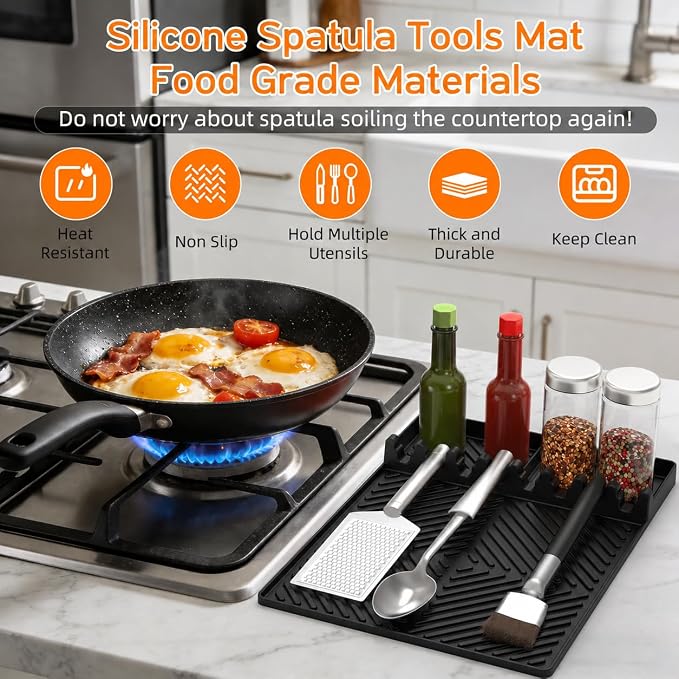 Find law Silicone Tools Mat for Griddle & Kitchen Countertop | Black Side Shelf Spatula Mat with Drip Pad for Blackstone Weber Traeger Pit Boss Flat Top Grill Smoker, BBQ Gifts for Men
