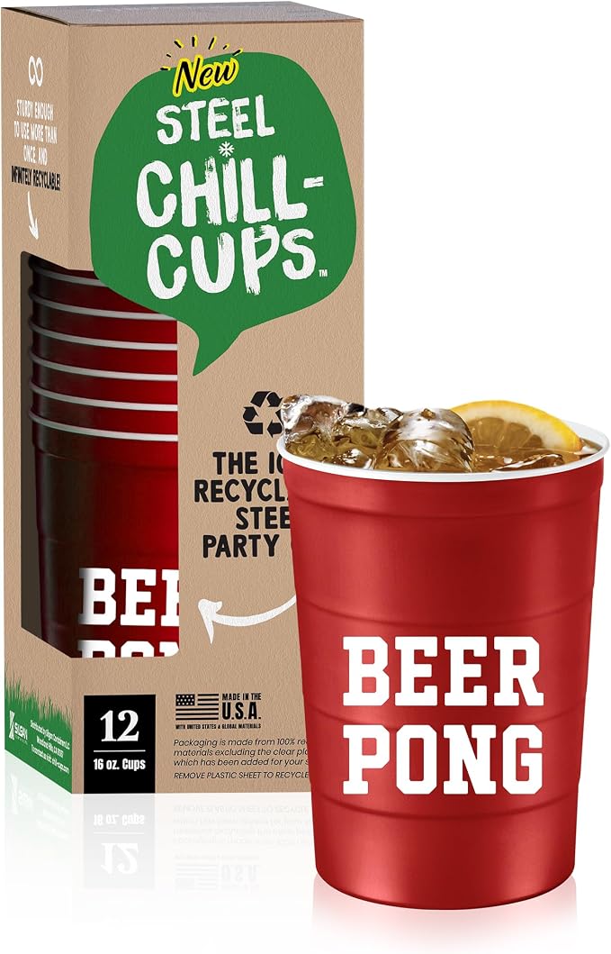 Steel Chill Cups 16 oz. Durable & Reusable Party Cups, Beer Pong, 12 Count | Made in USA from Steel these durable cups chill fast & keep your drink cold for longer, 100% recyclable for sustainablity