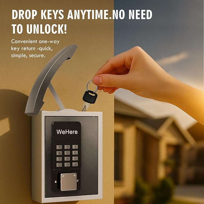 WeHere Key Lock Box Wall Mount with Key Drop Slot, Smart Digital Lockbox, OTP/APP Bluetooth/Wi-Fi/Fixed Code/Key Unlock, Key Safe Security Storage for House Outside, Realty Business, Apartment, Store