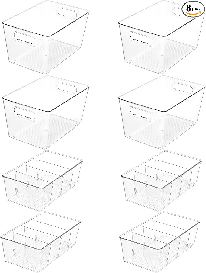 Vtopmart 8 Pack Clear Storage Bins Set for Pantry Organizer | 4 Large Pantry Bins with Handle and 4 Medium Snack Organizer Bins with 4-Compartment for Pantry, Kitchen, Fridge, Cabinet