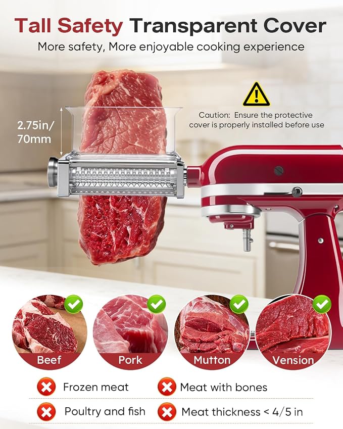Adjustable Meat Tenderizer Attachment for KitchenAid Stand Mixer, 3 Setting | Stainless steel efficient tenderizer machine for steak, pork, lamb, venison or jerky, Safety tall chute tenderizing tools