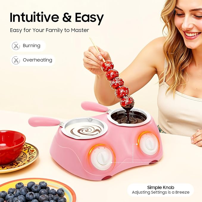 Chocolate Melting Pot Electric Fondue Pot Set, Double Melting Pot for Chocolate Cheese Butter, Mini Candy Maker Warmer for Home Parties Kids Dessert DIY