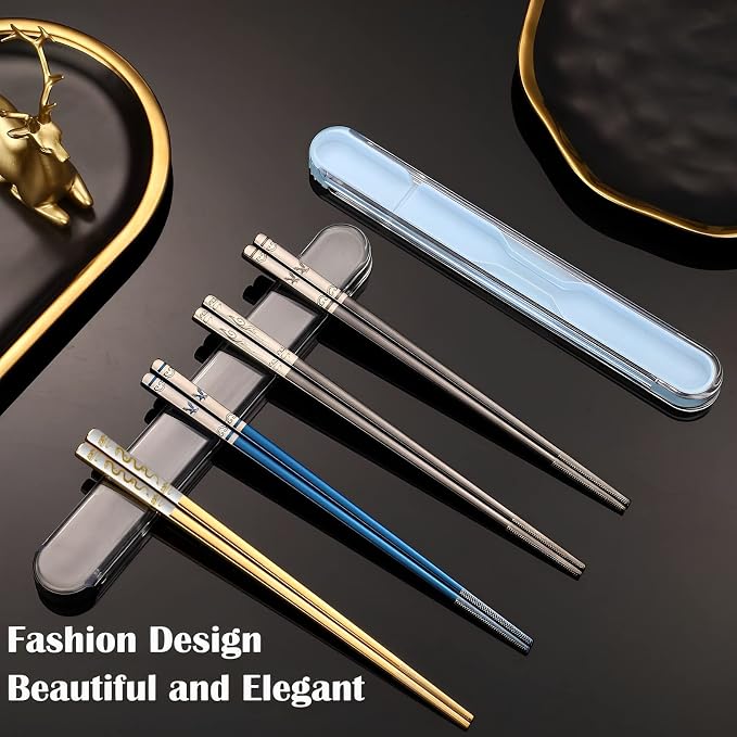 Metal Chopsticks Reusable,Stainless Steel,Titanium Plated,Black Phoenix 1PC | Portable Chop Stick with Case,Good for Beginners,Non-slip,Lightweight,Good for travel,snack,Chinese, Korean,Japanese Cuisines