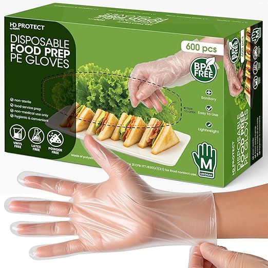 Keppi 600 Pack Disposable Gloves Medium – Clear HDPE Plastic, Food Safe, Latex-Free, BPA-Free – Single-Use for Cooking, Food Prep, Cleaning & Serving