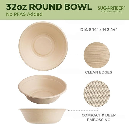 [500 COUNT]Harvest Pack PFAS FREE 32oz Round Paper Bowls, Compostable Heavy-Duty Eco-Friendly Disposable Bagasse Large Soup Bowls, sugarcane made for Meal Prep Takeout Dinnerware, Microwave Safe