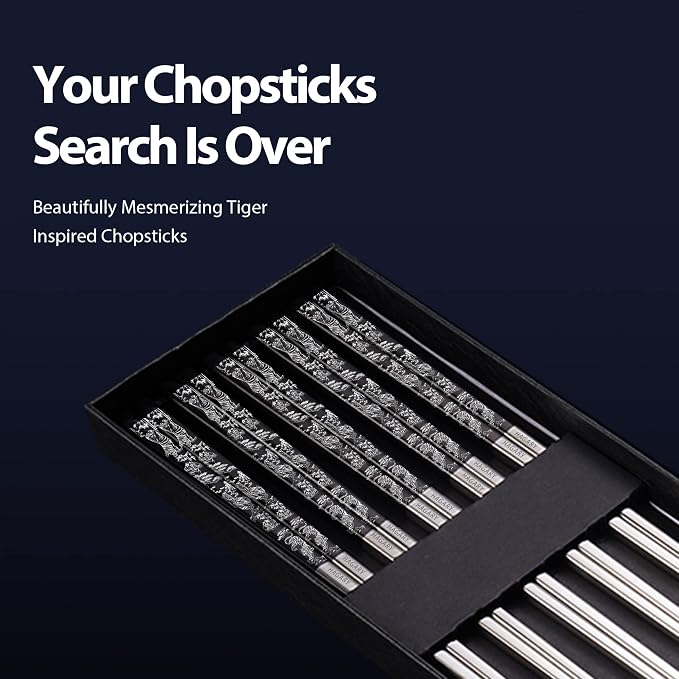 Hagary Tiger Chopsticks Metal Chopsticks Reusable Designed In Korea Japanese Style Stainless Steel 316 18/10 Non-Slip Dishwasher Safe Laser Etched (Black - 5 Pairs)