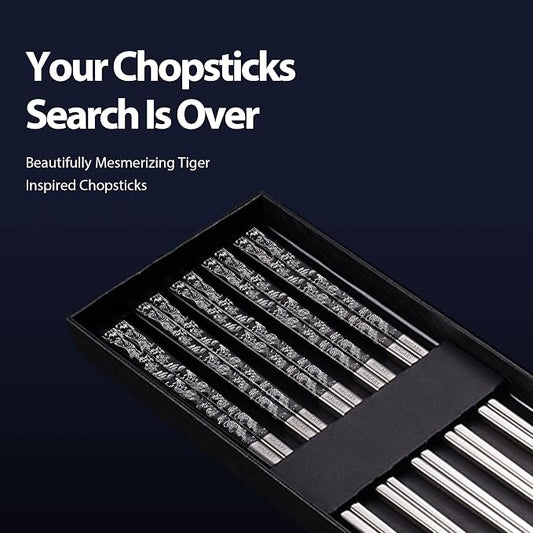 Hagary Tiger Chopsticks Metal Chopsticks Reusable Designed In Korea Japanese Style Stainless Steel 316 18/10 Non-Slip Dishwasher Safe Laser Etched (Black - 5 Pairs)