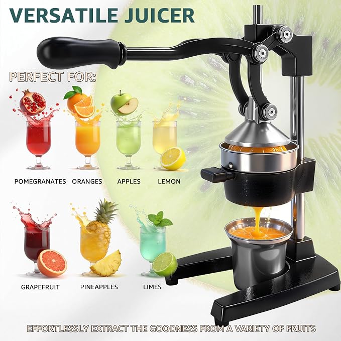Manual Citrus Juicer, Cast Iron Lemon Squeezer for Orange Lime | Heavy Duty Commercial Grade Fruit Press, Rustic Hand Juicer Large Capacity Easy Clean, Black