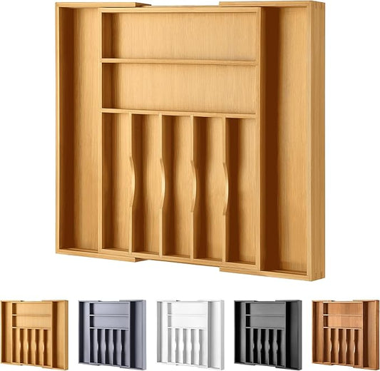 Large Premium Bamboo Silverware Organizer - Expandable Drawer Organizer & Utensil Organizer - 17"x19.7" Cutlery Tray with Dividers for Kitchen Utensils and Flatware (7-9 Slots) (Natural)