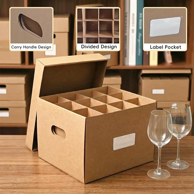 Unarty 4 Pack Wine Glass Moving Boxes with Handle, Kitchen Moving Boxes with Dividers and Lid for Dish Glassware 15 x 12 x 10 Inches