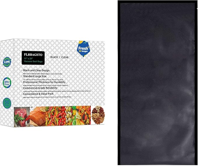 Black and Clear Vacuum Sealer Bags 11" x 24", 5.5 Mil Precut Vacuum Seal Bags for Food Storage, Sous Vide, and Meal Prep, Heavy Duty Commercial Grade, 50 Count