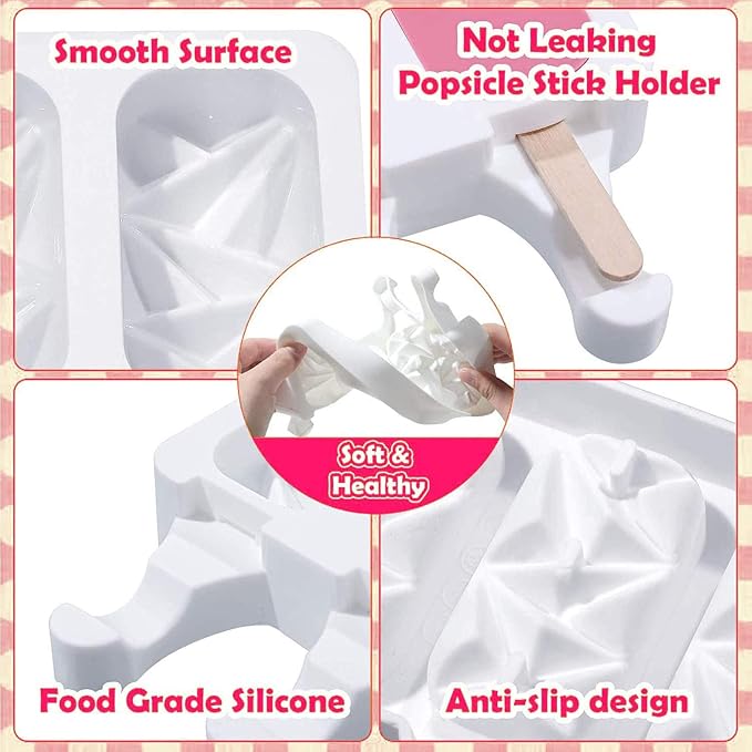 Vilihkc 2 Pack Popsicle Molds 4 Cavities Homemade Silicone Popsicle Molds for Kids Ice Pop Molds with 50 Wooden Sticks for DIY Ice Popsicle
