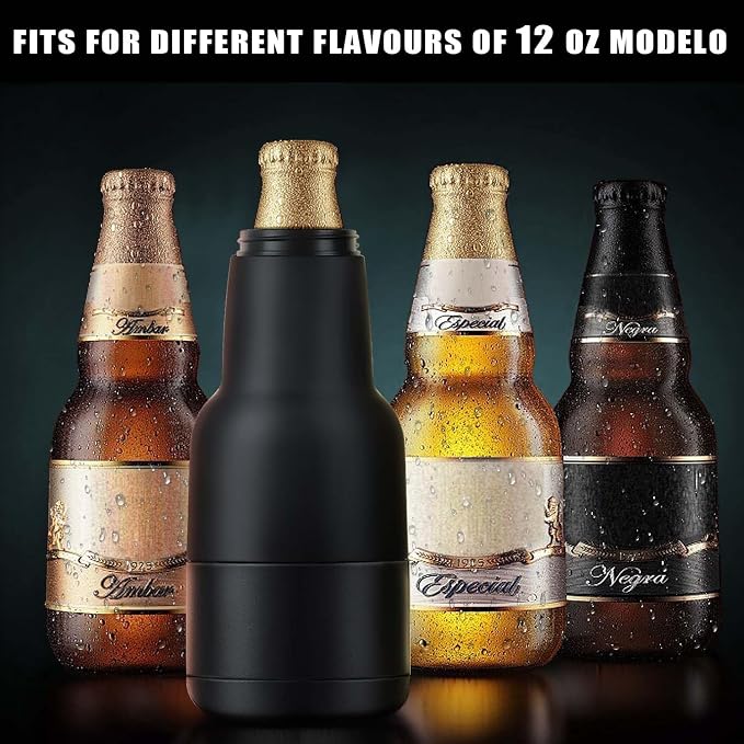 Beer Gift for Men, Lightweight Modelo Beverage Beer Bottle Cooler w/Beer Opener - Double Walled Stainless Steel 12oz. Modelo Beer Bottle Insulator Holder(Matte Black)