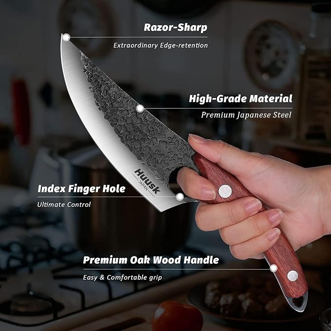 Huusk Hand Forged Viking Knife with Sheath for Kitchen Camping BBQ | Japanese Butcher Knife for Meat Cutting, High Carbon Steel Chef Knives with Ergonomic Wood Handle, Gifts for Men