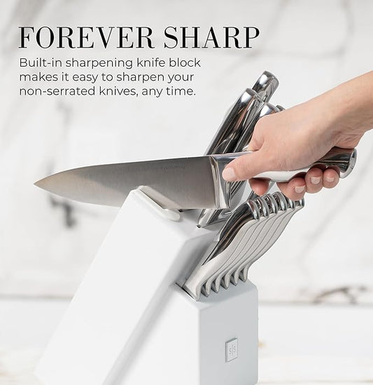 Styled Settings Stainless Steel Knife Set with Built In Sharpener - 14 Piece Ultra Sharp, High Carbon Stainless Steel Kitchen Knife Set Includes White Knife Block with Sharpener Built In