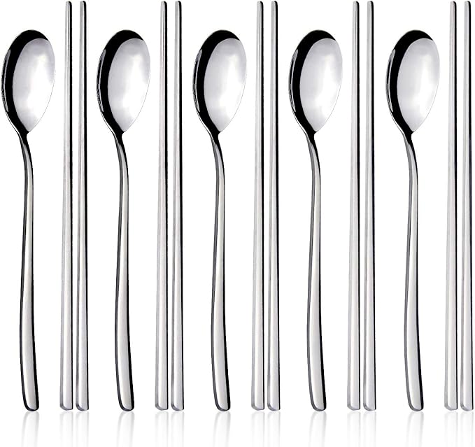 IQCWOOD Spoons and Chopsticks Set, 5 Pairs Stainless Steel Flat Chopsticks, 5 Set Korean Spoons, Metal Reusable Chop Sticks Dishwasher Safe for Home, Kitchen or Restaurant