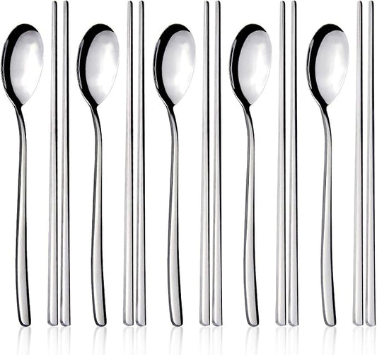 IQCWOOD Spoons and Chopsticks Set, 5 Pairs Stainless Steel Flat Chopsticks, 5 Set Korean Spoons, Metal Reusable Chop Sticks Dishwasher Safe for Home, Kitchen or Restaurant