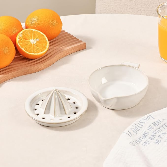 Ceramic Citrus Lemon Orange Juicer Manual Squeezer, Hand Juicer Reamer | Rotation Press with Strainer Lid, Spout, Handle, Dishwasher Safe, Easy to Clean