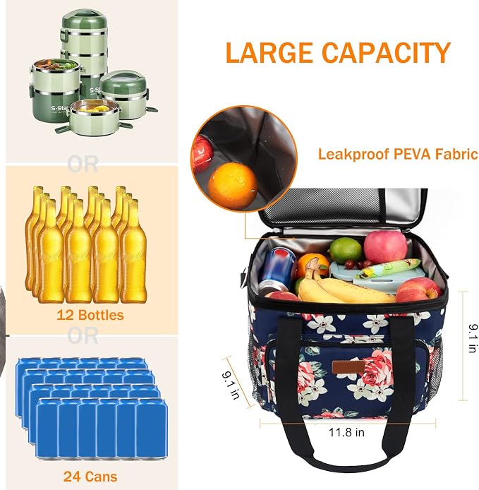 Lunch Bags for Women/Men, Insulated Lunch Bag for Work Office Picnic - Large Lunch Cooler Bag Leakproof Lunch Box with Adjustable Shoulder Strap for Adults - Floral(15L)