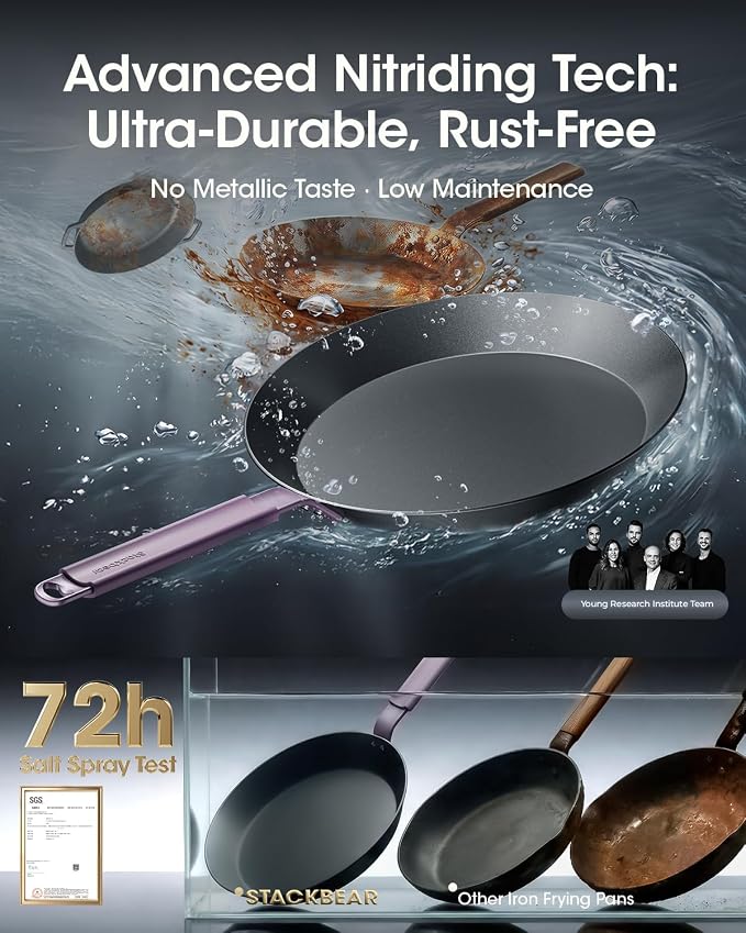 12 IN Carbon Steel Frying Pan, Pre-Seasoned Nitrided Preseasoned Skillet | Natural Patina Development with No Chemical Coating; Spacious Cooking Surface for Family Meals & Searing